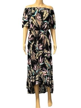 Seven Islands Off-Shoulder Black Tropical Print High/Low Maxi Dress Size Large